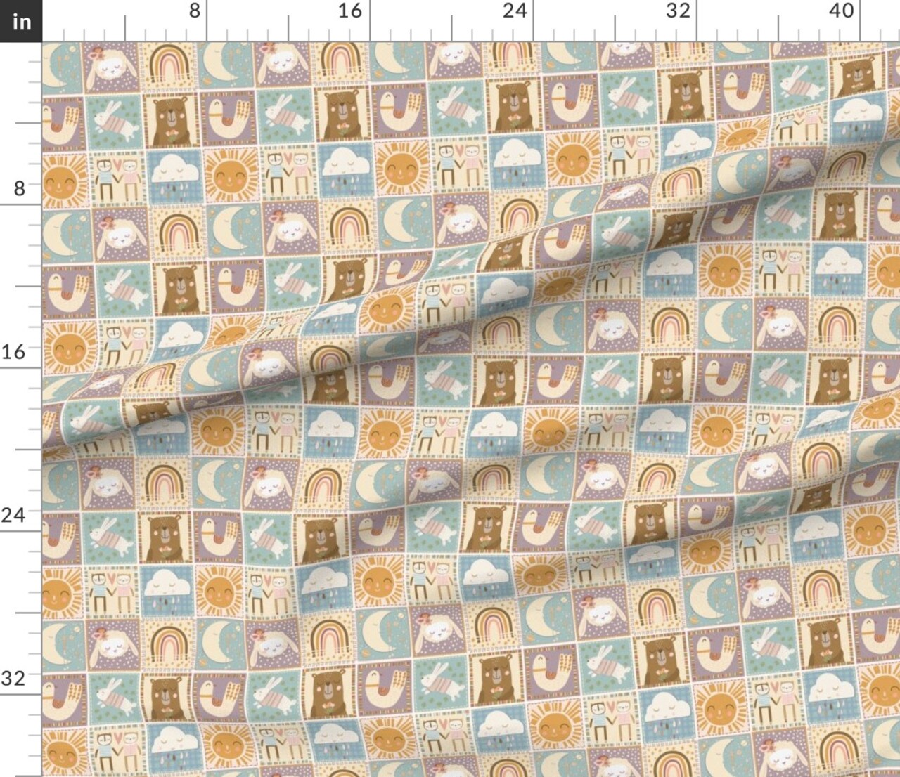 Baby Quilt Topper Soft Pastels Wholecloth Cheater Quilt Patchwork Bear Lamb Bunny Purple Beige Blue Custom Printed Fabric by Spoonflower Various Fabrics by the Yard or Fat Quarter
